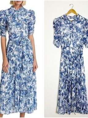 ML Monique Lhuillier Blue White Floral Pleated Midi Dress 16